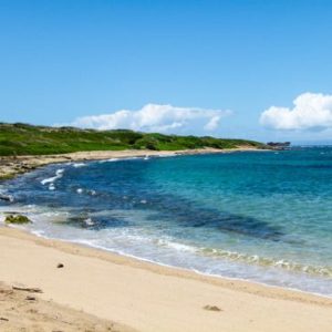 Golden sand bordered by blue ocean on a Lanai Jeep Safari