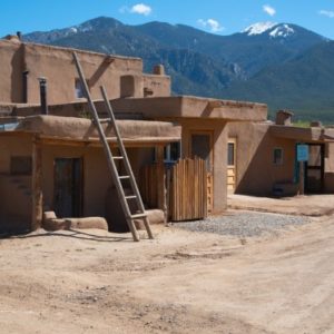 a group of earthen buildings with a ladder