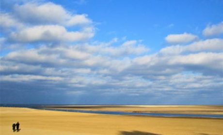 wide golden-sand beach with blue sky and clouds