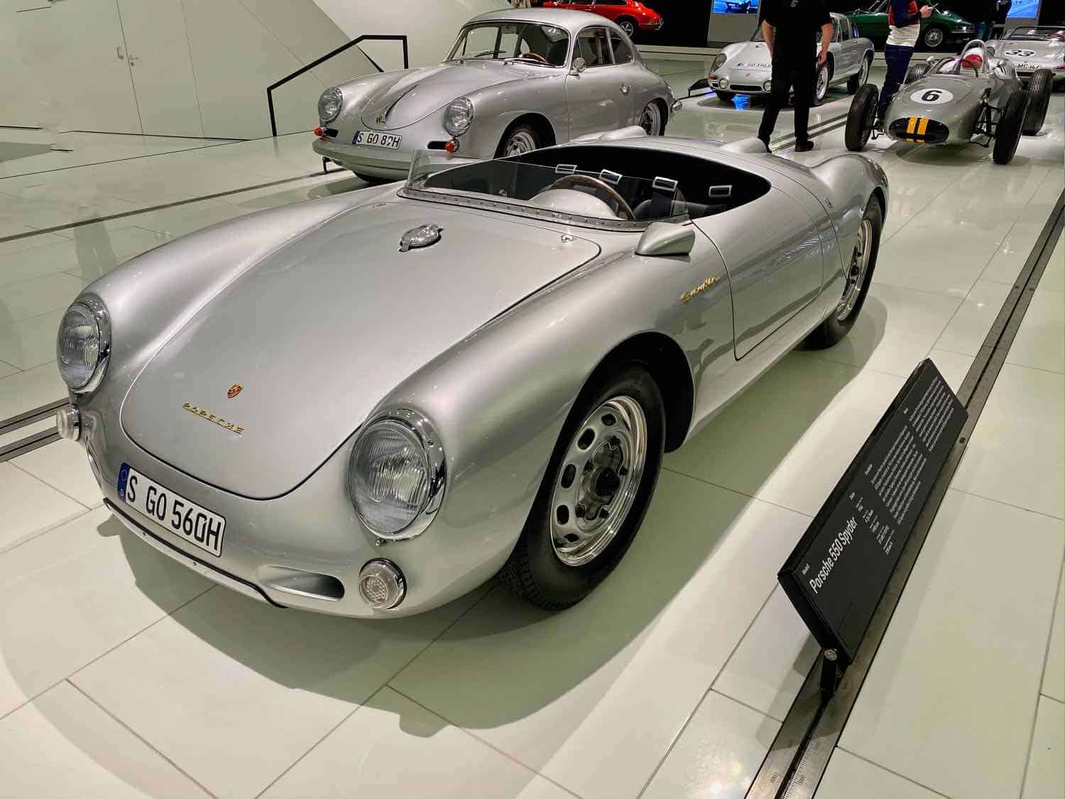 Silver Porsche on display at the Porsche Museum in Stuttgart