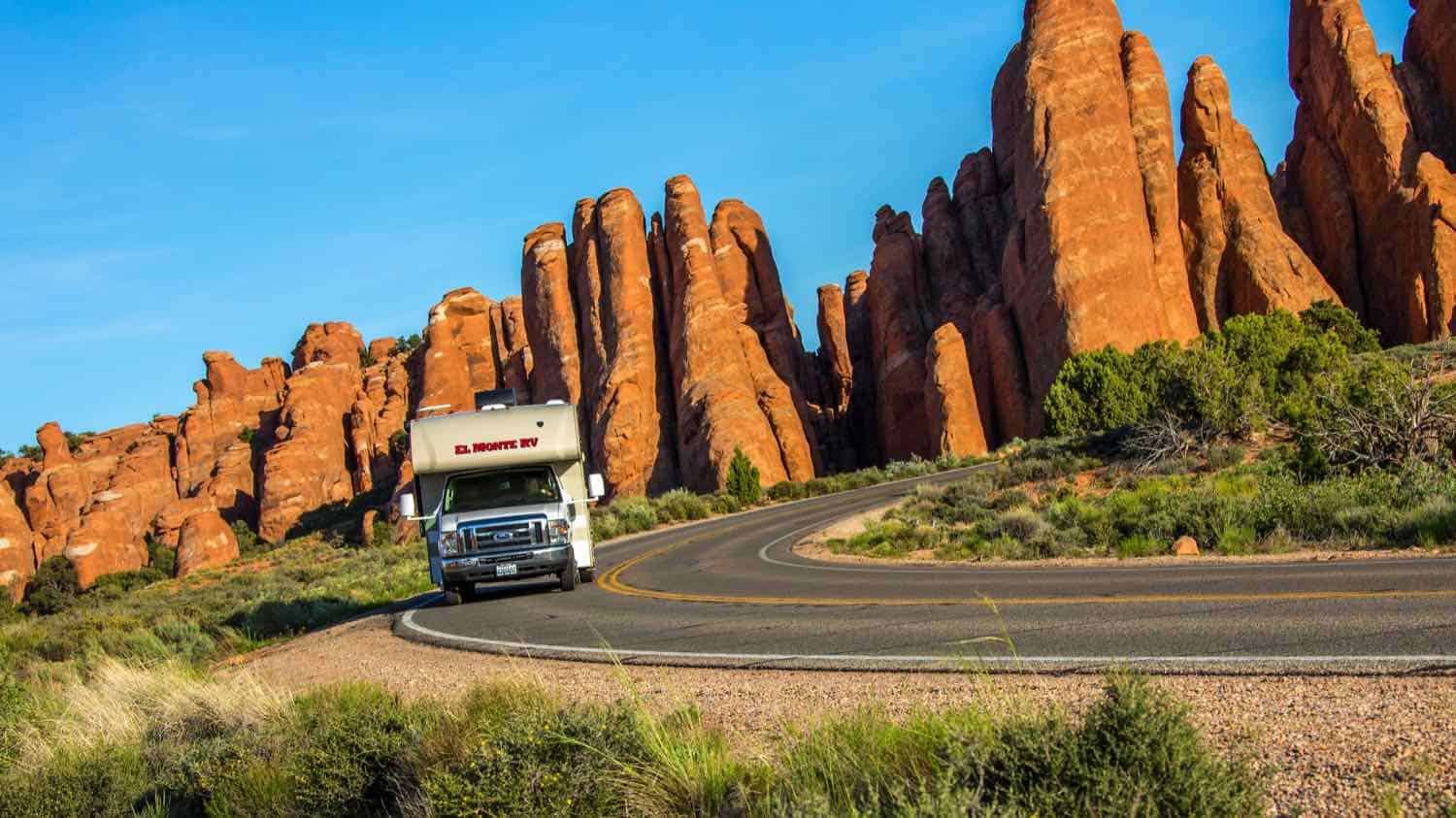 Camper traveling on a scenic road