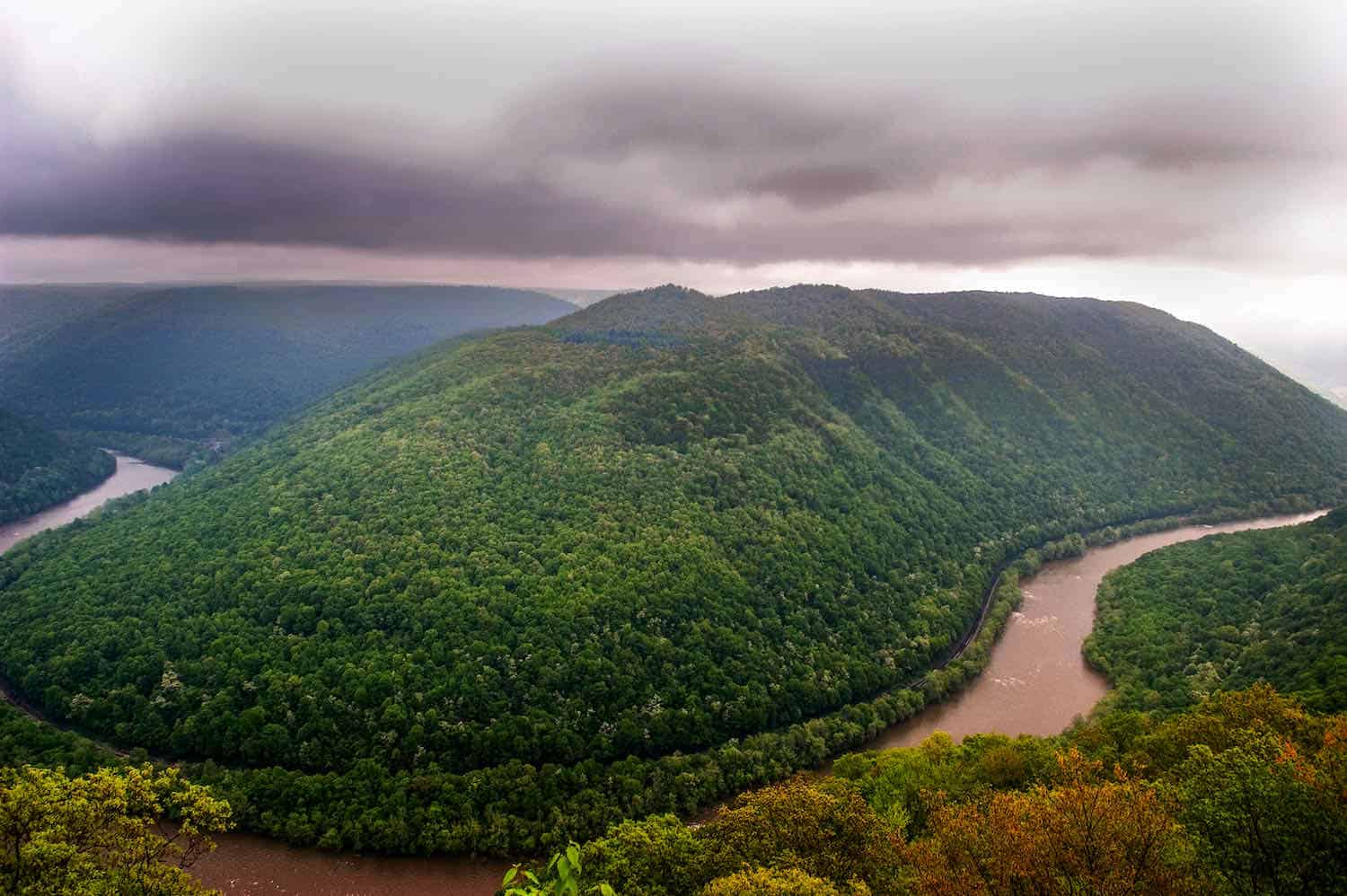 A muddy river bends around a green mountain in New River Gorge National Park