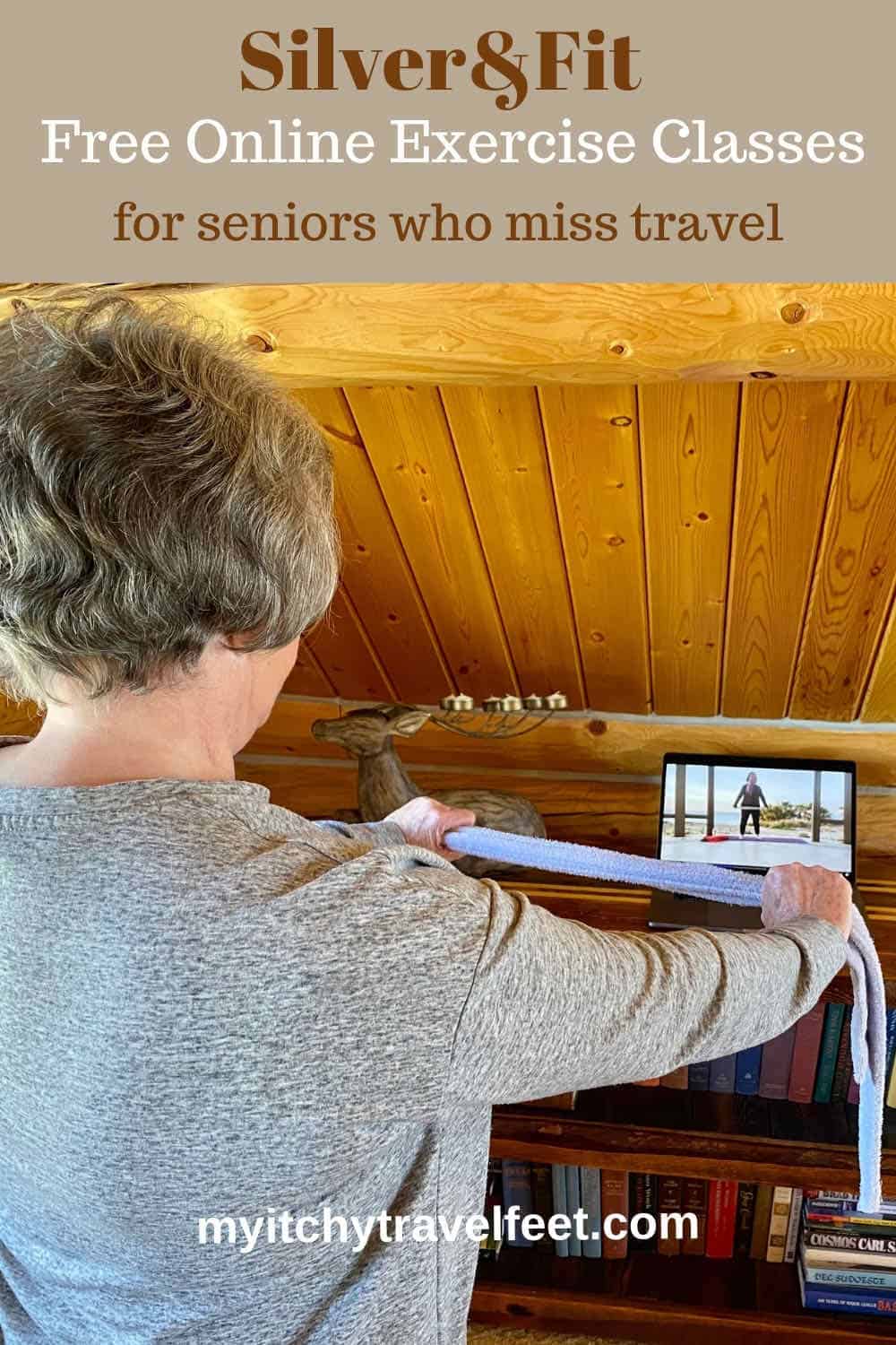 text on photo: Silver and Fit, free online exercise classes for seniors who miss travel
