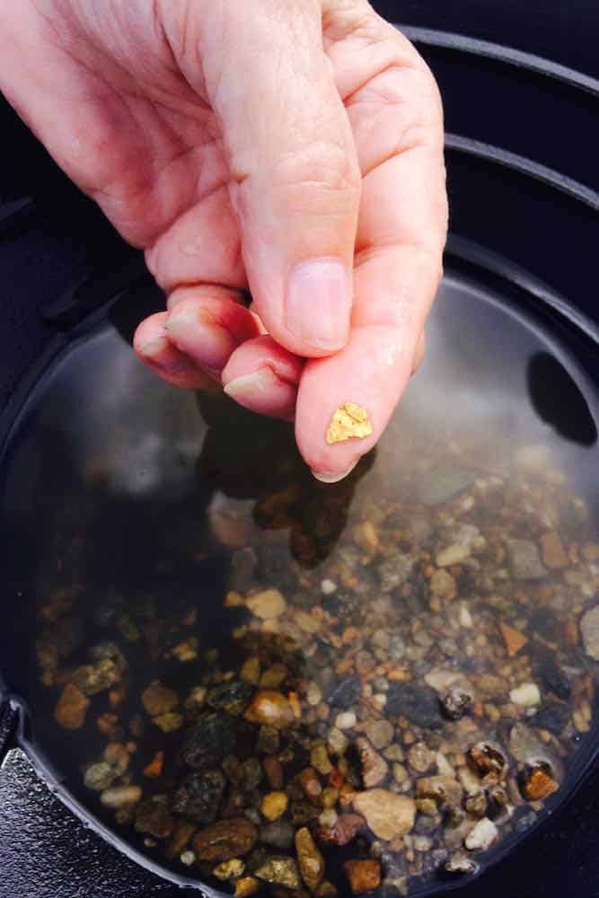 woman's hand holding a gold flake over a pot of water and rocks