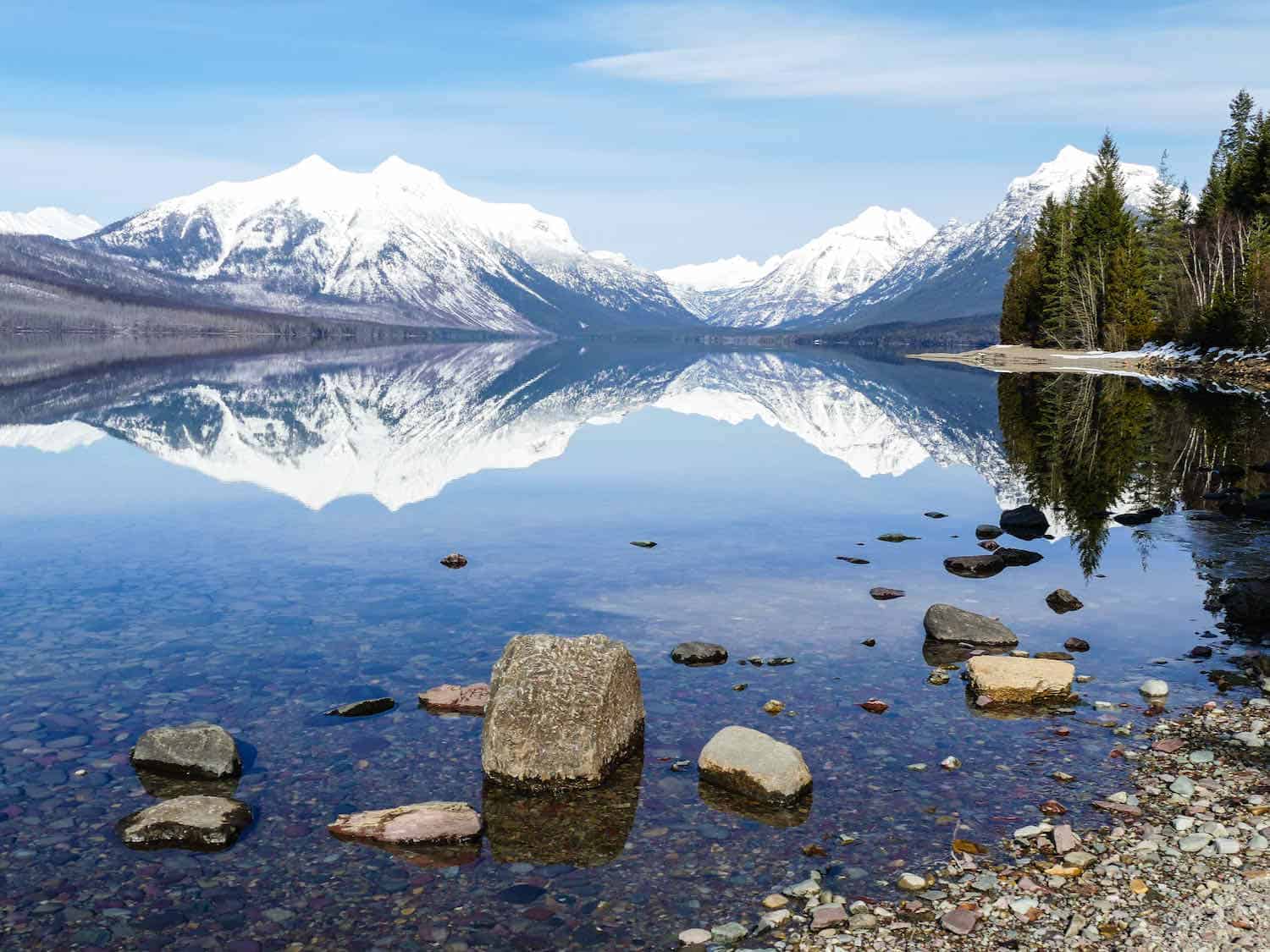 Snowcapped mountains reflected in a lake with rocks at the edge of the lake and trees to the right