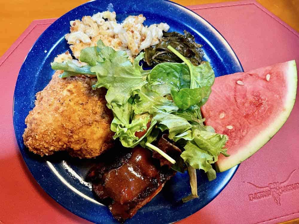 Blue plate filled with fried chicken, barbecue ribs, salad and a watermelon slice.