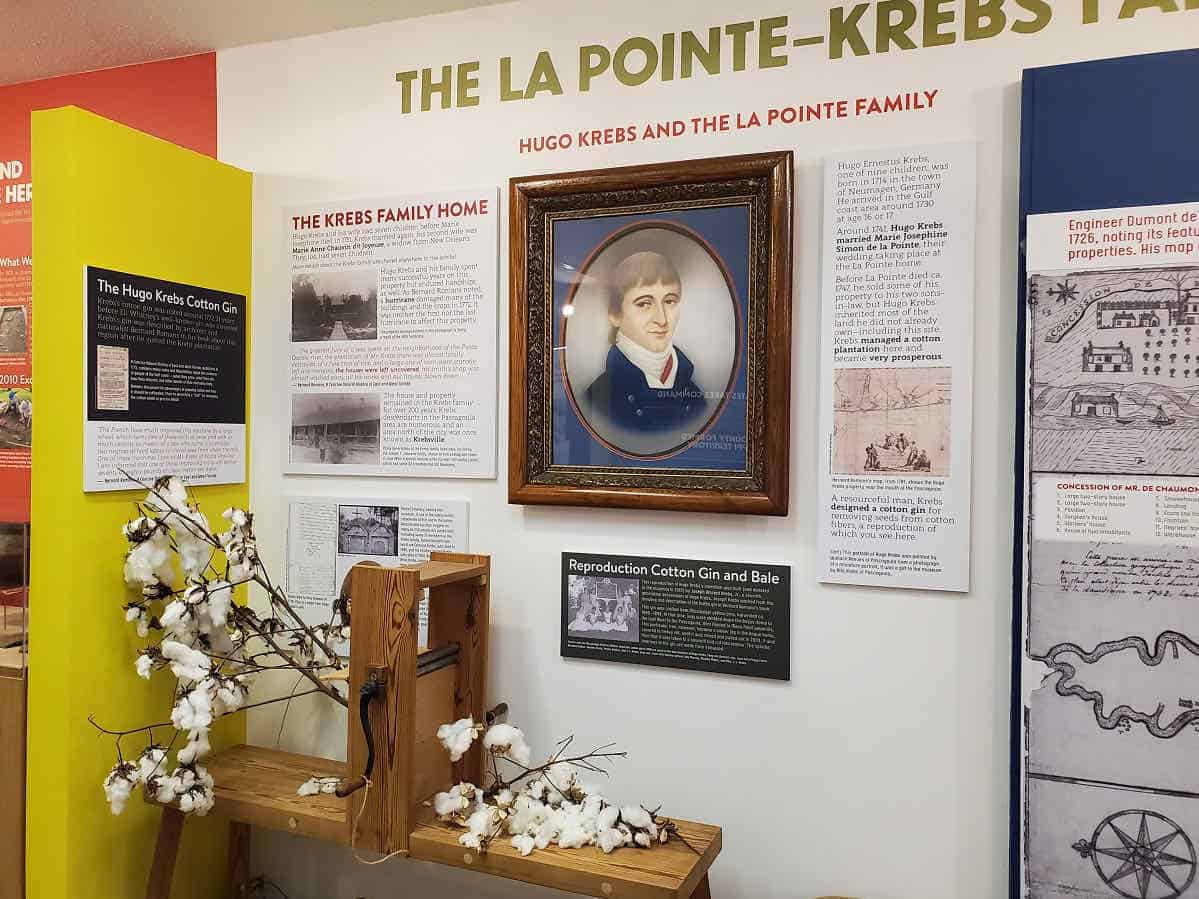 A display with signs and photos at the La Pointe-Krebs Museum