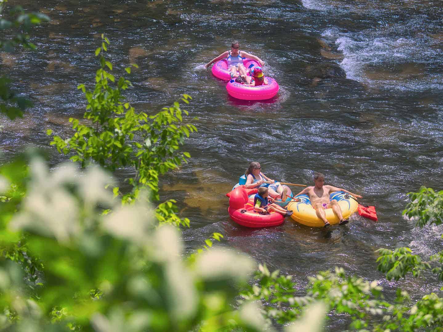 Rafters on the Toccoa River floating in pink, yellow, and red inner tubes.