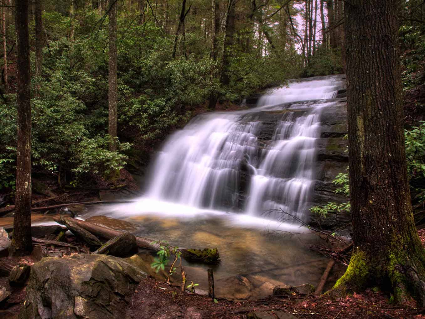 The wide Long Creek Falls tumbles down a heavily forested hillside near Blue Ridge, GA.