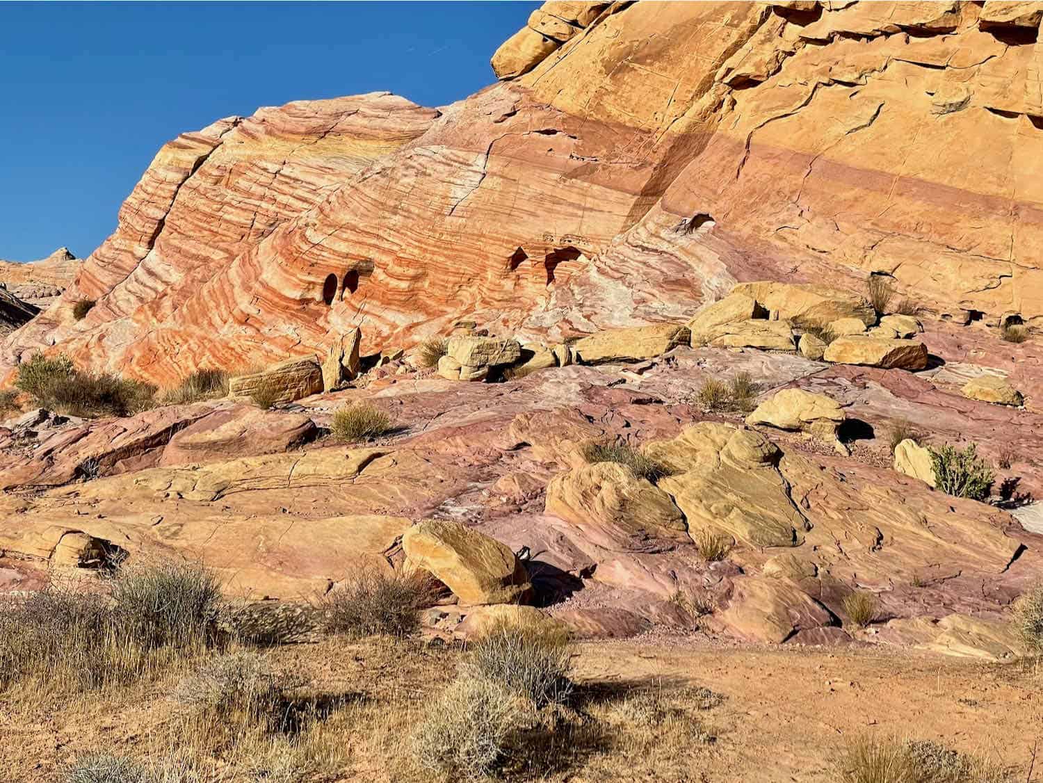 Yellow and red rocks combine to make the Rainbow Rocks formation in Valley of Fire State Park Nevada.