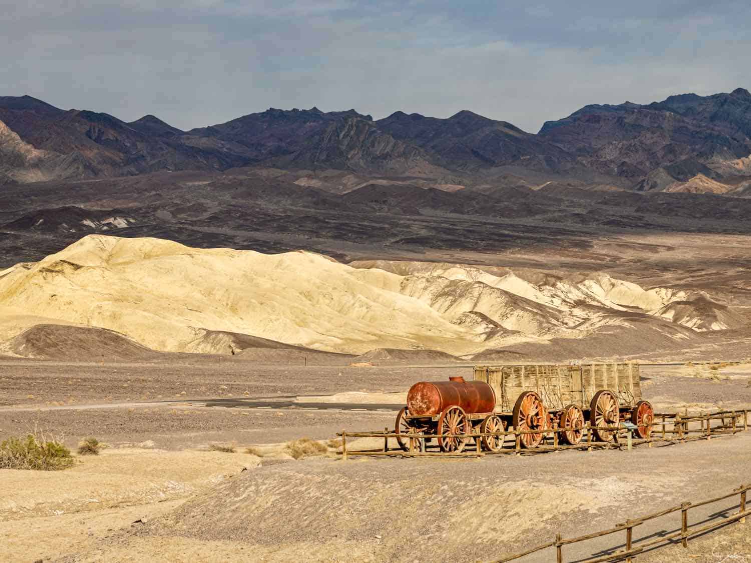 A Cart-like train at the Harmony Borax ruins in Death Valley National Park.