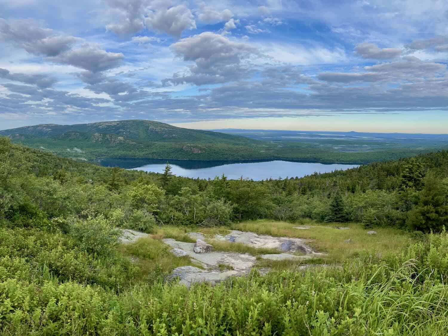 A lake surrounded by a green landscape in Acadia National Park.